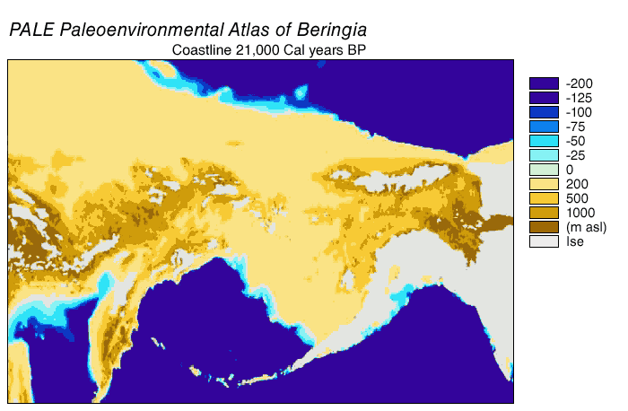 Map showing the Beringia land bridge connecting Asia and North America during the last Ice Age