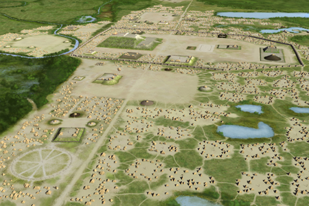 Painting of Cahokia at its peak, showing large earthen mounds and a bustling city