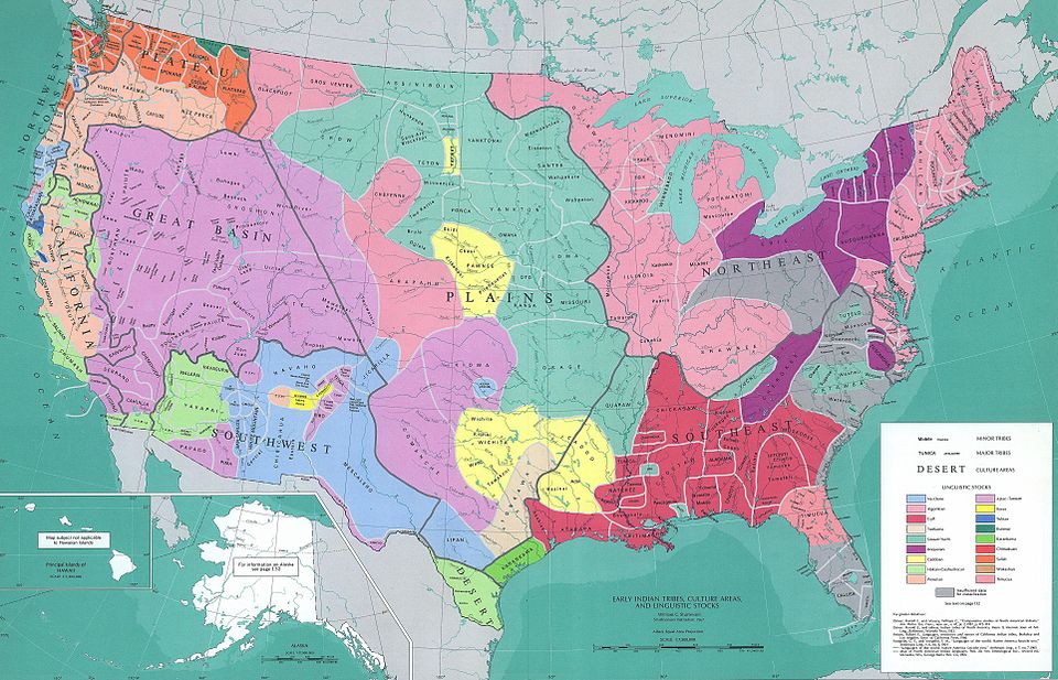 Map showing the locations of major Native American cultural groups across North America before European contact