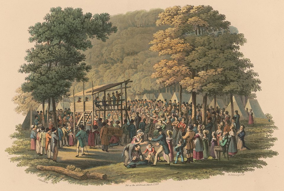 Illustration of a camp meeting revival during the Second Great Awakening