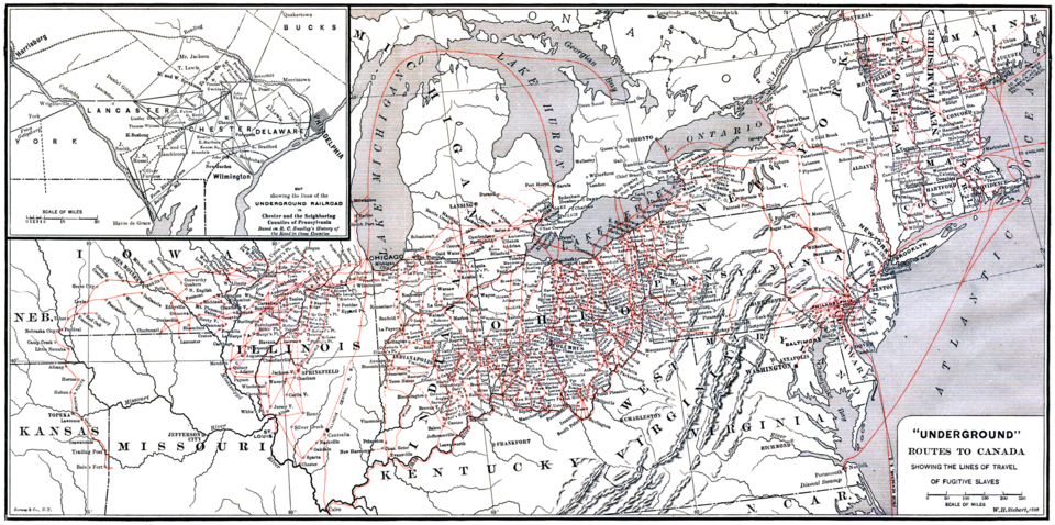 Map of Underground Railroad routes to Canada, from Wilbur Siebert's 1898 study