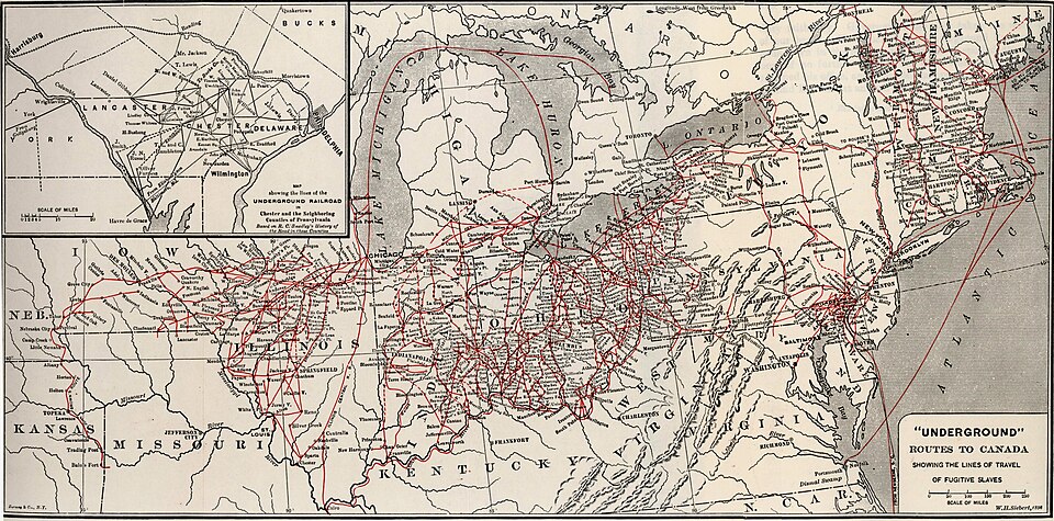 Map showing the network of Underground Railroad routes running from the slave states in the South to free states in the North and Canada