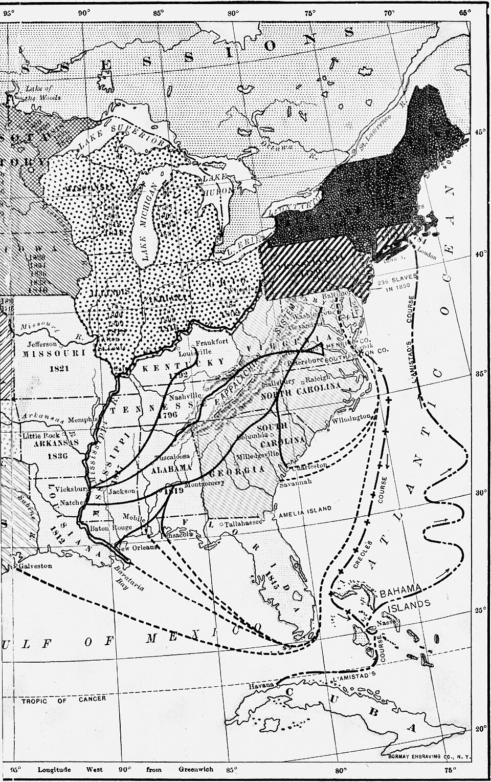 Map showing the routes of the domestic slave trade within the United States, from the Upper South to the Deep South