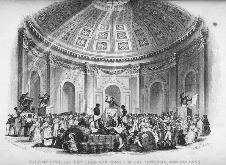 An engraving depicting a slave auction in the rotunda of the St. Louis Hotel in New Orleans