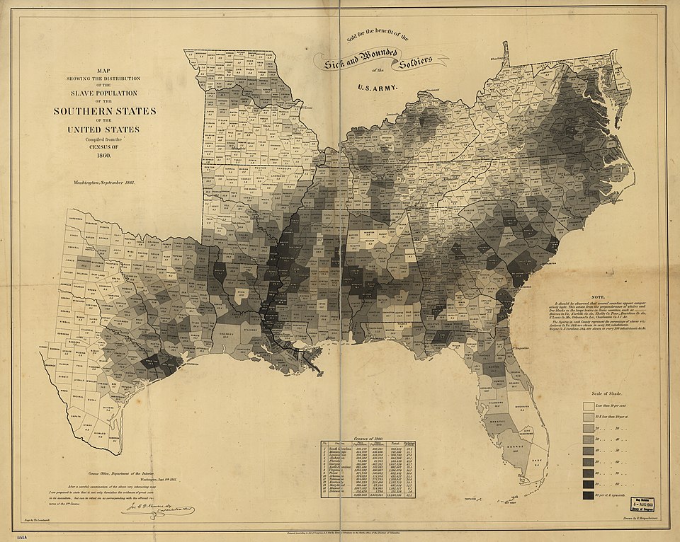 A map showing the distribution of the enslaved population across the Southern United States in 1860, with darker shading indicating higher concentrations