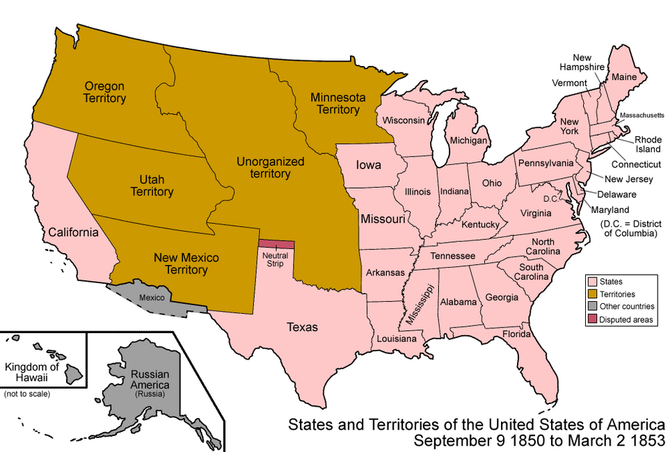Map showing the territories and states affected by the Compromise of 1850, including free states, slave states, and territories open to popular sovereignty