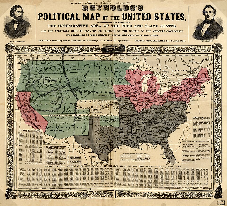 Reynolds's 1856 political map of the United States, color-coded to show free states, slave states, and territories open to slavery