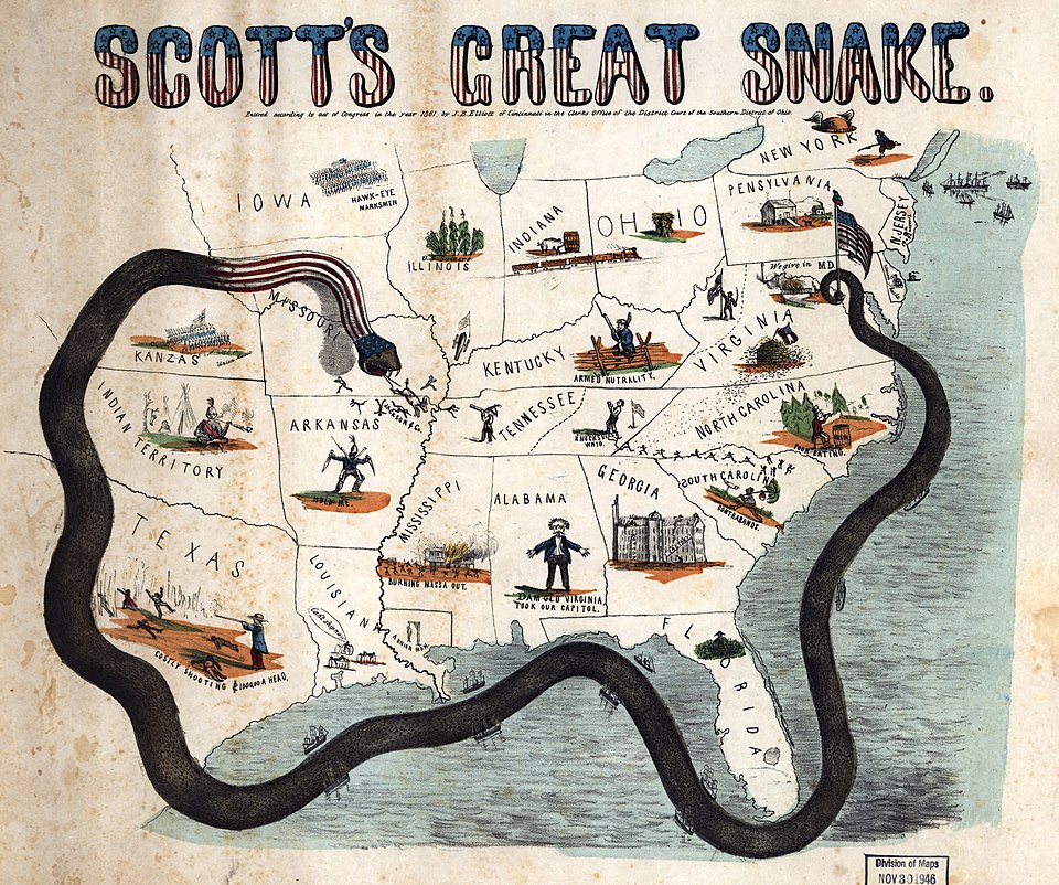 Cartoon map of the Anaconda Plan showing a giant snake squeezing the Confederacy, representing the Union naval blockade strategy