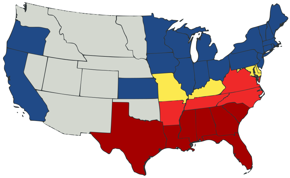 Map showing Union states, Confederate states, and border states during the Civil War
