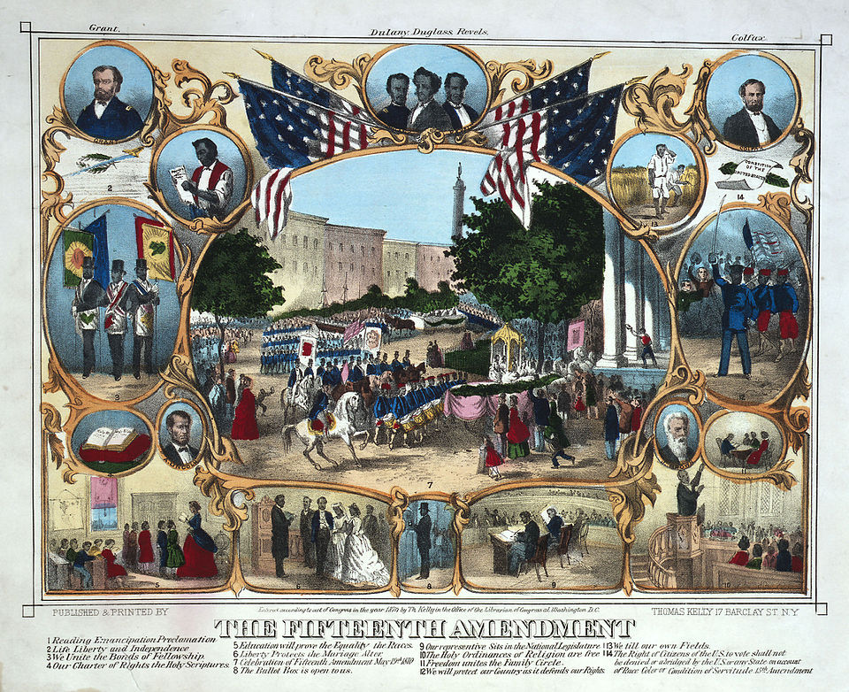 A celebratory print from 1870 commemorating the passage of the Fifteenth Amendment, showing portraits of prominent Black leaders surrounded by scenes of Black civic life