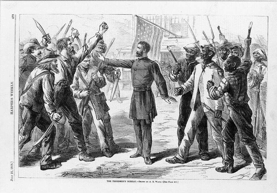 Illustration of a Freedmen's Bureau agent standing between armed groups of white and Black Southerners