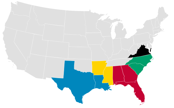 Map showing the five military districts established in the former Confederate states during Reconstruction