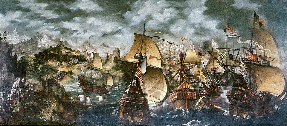 The Battle of Gravelines, 1588, between the English fleet and the Spanish Armada