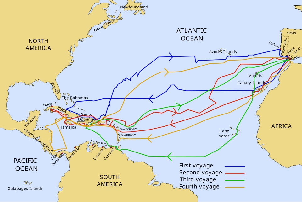 Map showing the four voyages of Christopher Columbus from Spain to the Caribbean and Central America, 1492-1504