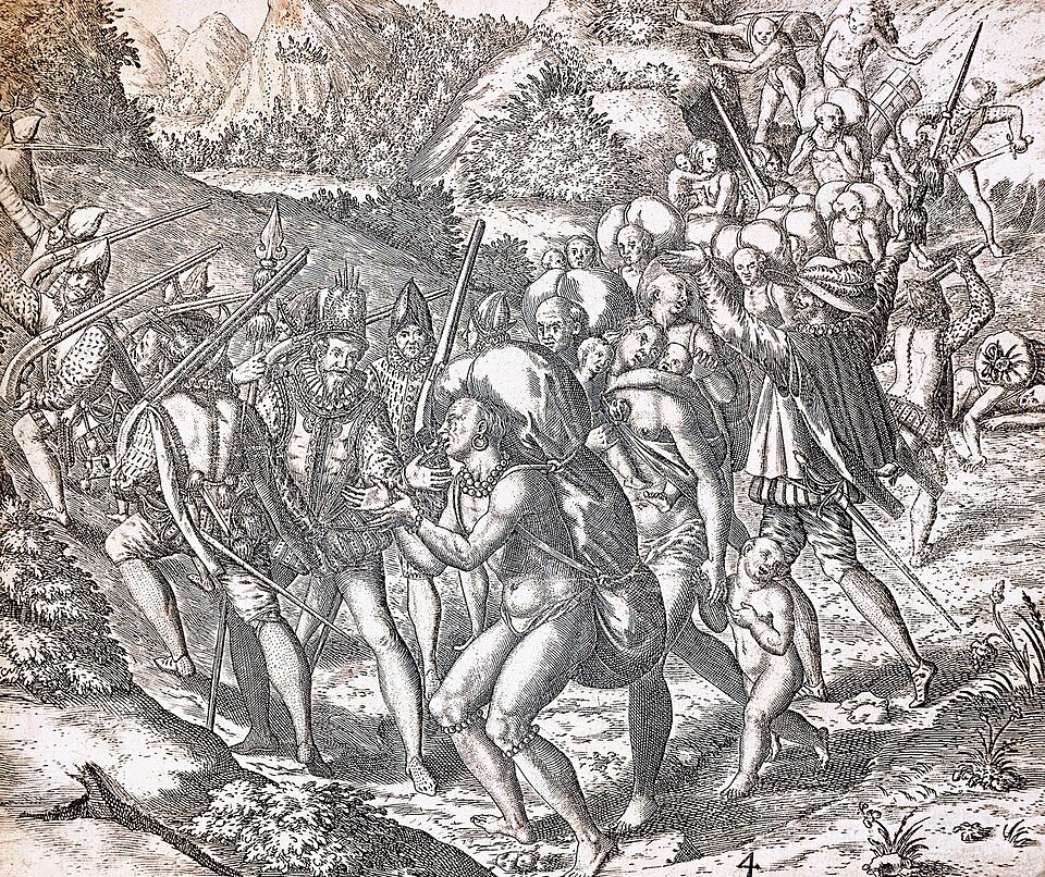 A 1598 engraving by Theodor de Bry depicting Spanish colonists' brutal treatment of Indigenous people