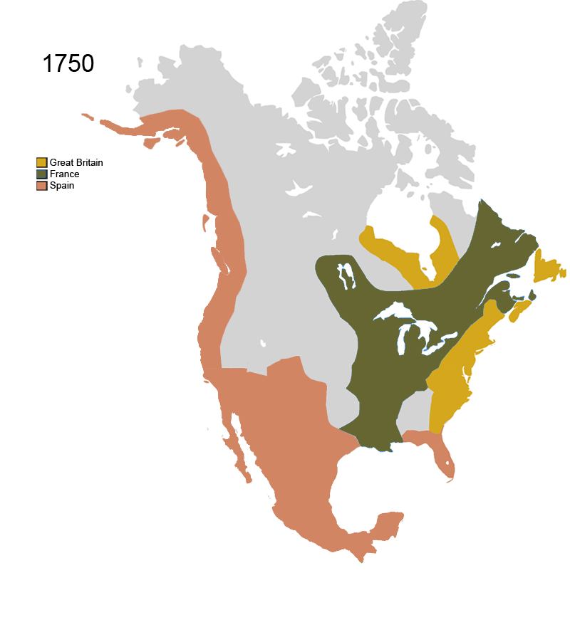 Map showing European colonial claims in North America around 1750, with territories controlled by Spain, France, and Britain