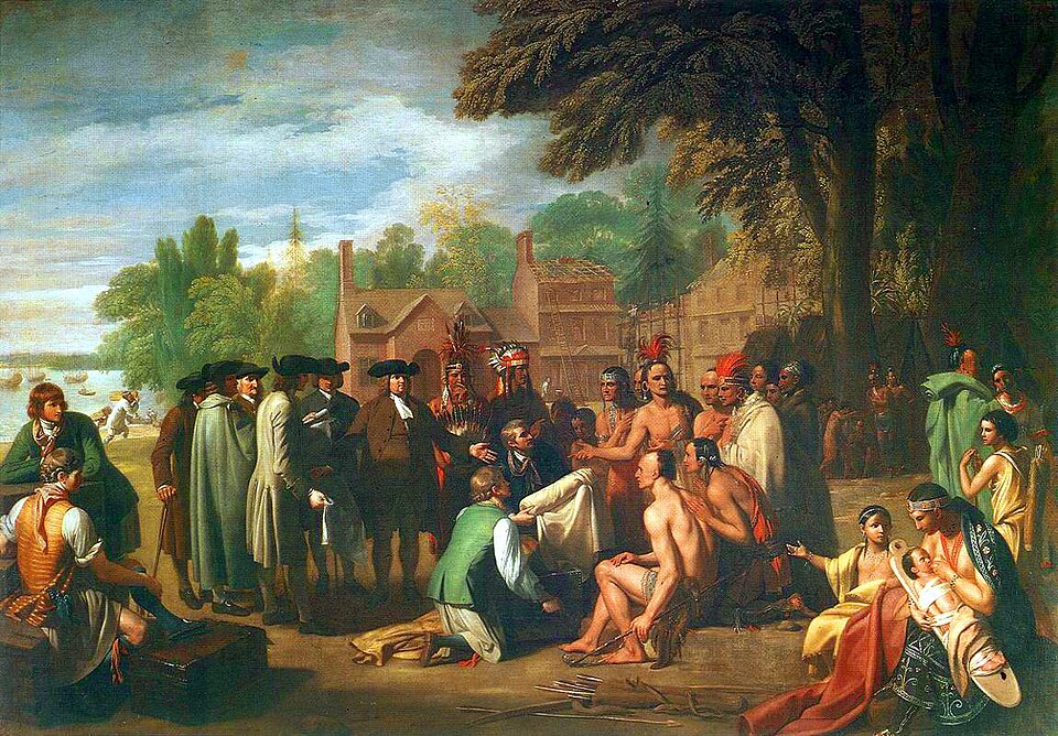 A 17th-century engraving depicting European colonists and Indigenous leaders negotiating at a meeting