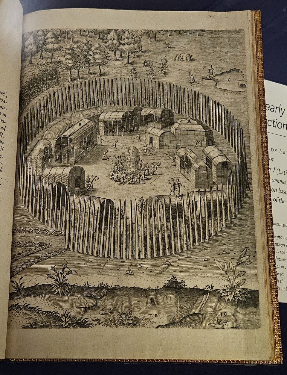 Watercolor painting of the Algonquian village of Secotan by John White, showing houses, fields, and a ceremonial gathering