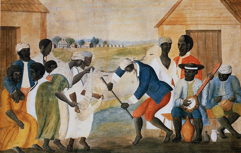 A late 18th-century painting showing enslaved people dancing, playing musical instruments, and socializing on a Southern plantation