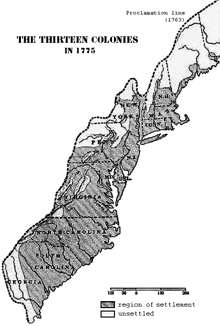 Map showing the thirteen British colonies along the eastern seaboard of North America
