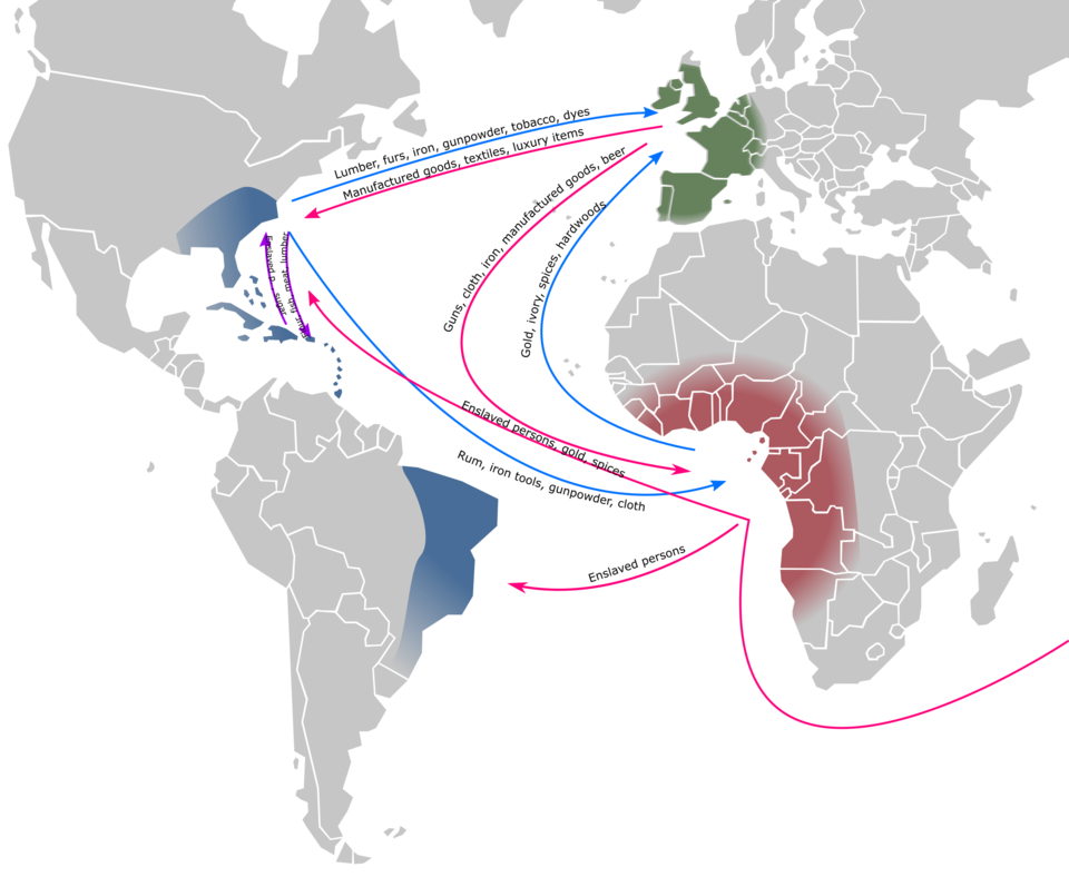 Map showing the triangular trade routes connecting Europe, Africa, and the Americas across the Atlantic Ocean