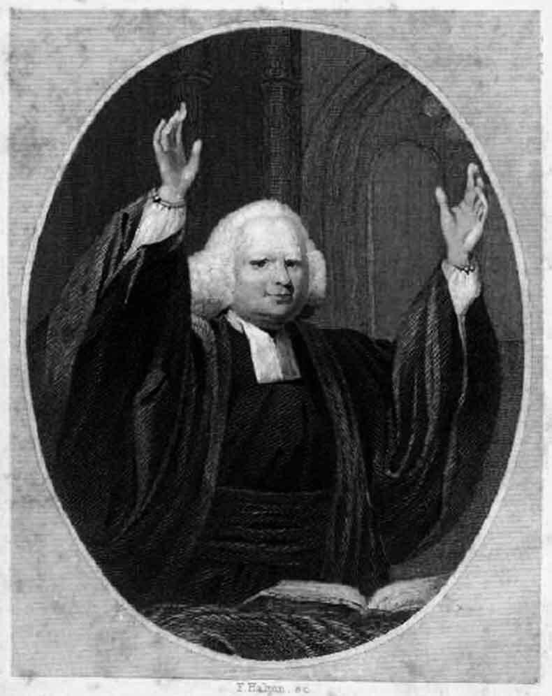 A satirical 1739 engraving showing George Whitefield preaching to a large crowd of colonial Americans
