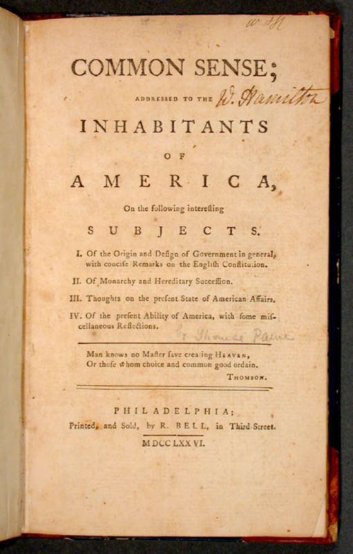 Title page of Thomas Paine's pamphlet 'Common Sense,' published in 1776