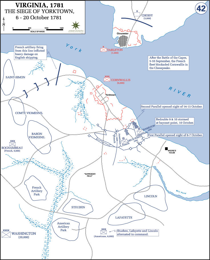 Military map of the Siege of Yorktown, October 1781, showing American and French positions surrounding the British