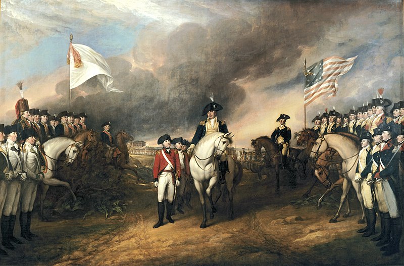 John Trumbull's painting of the British surrender at Yorktown in 1781, with officers on horseback and rows of soldiers