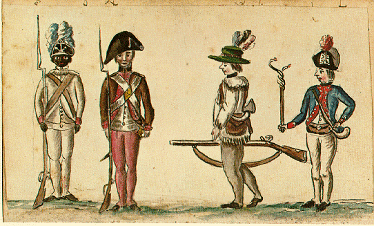 A 1781 watercolor by Jean-Baptiste-Antoine DeVerger showing Continental Army soldiers at Yorktown, including a Black soldier