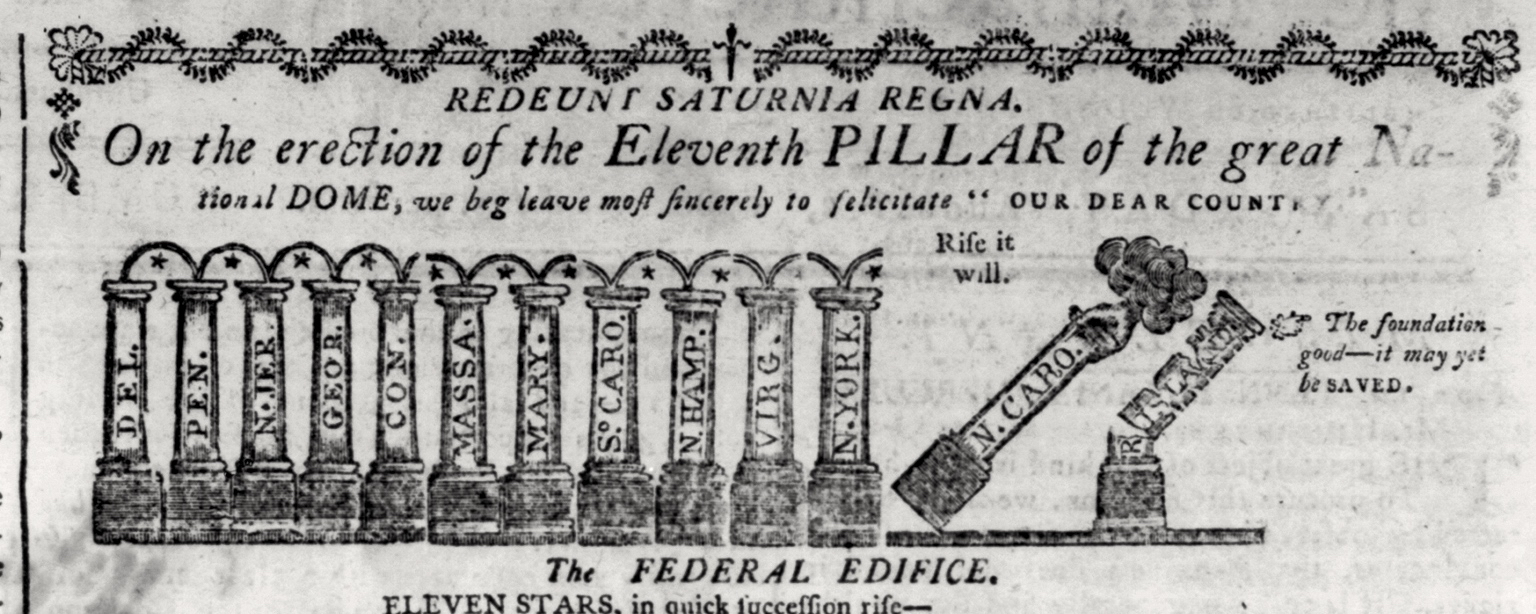The Federal Pillars cartoon showing states ratifying the Constitution