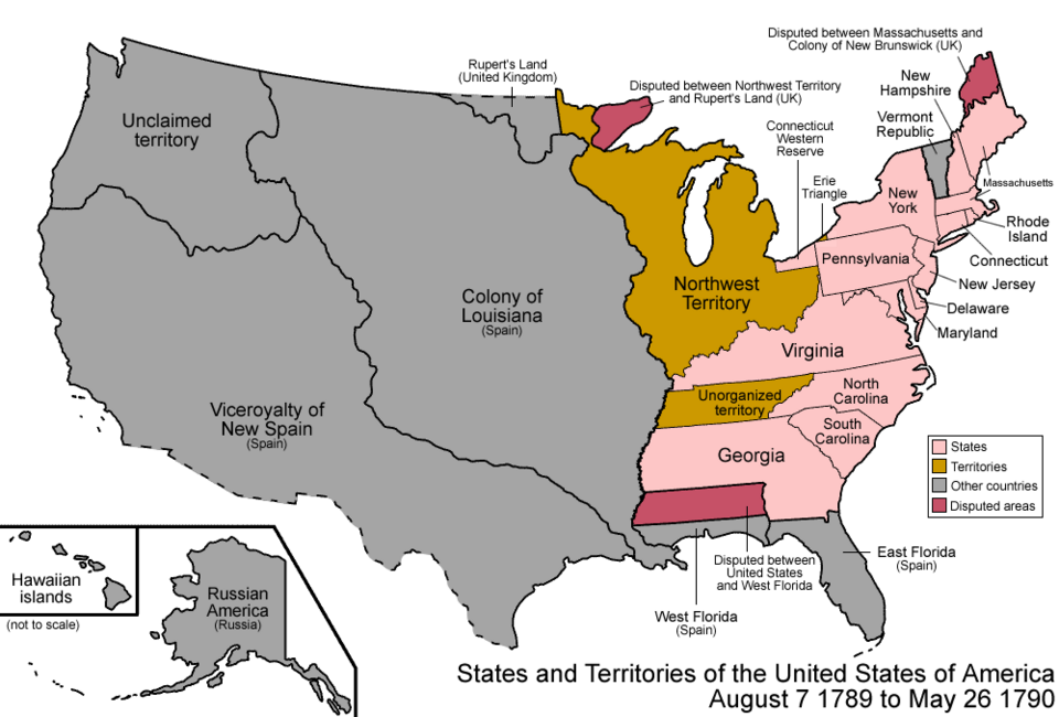 Map of United States territory in 1789–1790, showing states and the Northwest Territory
