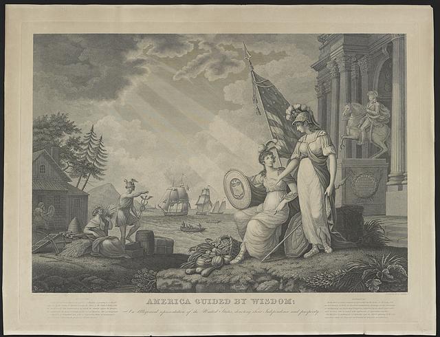 &ldquo;America Guided by Wisdom,&rdquo; 1815. This allegorical print shows America surrounded by symbols of wisdom, commerce, and agriculture, reflecting the national pride many white Americans felt after the War of 1812.