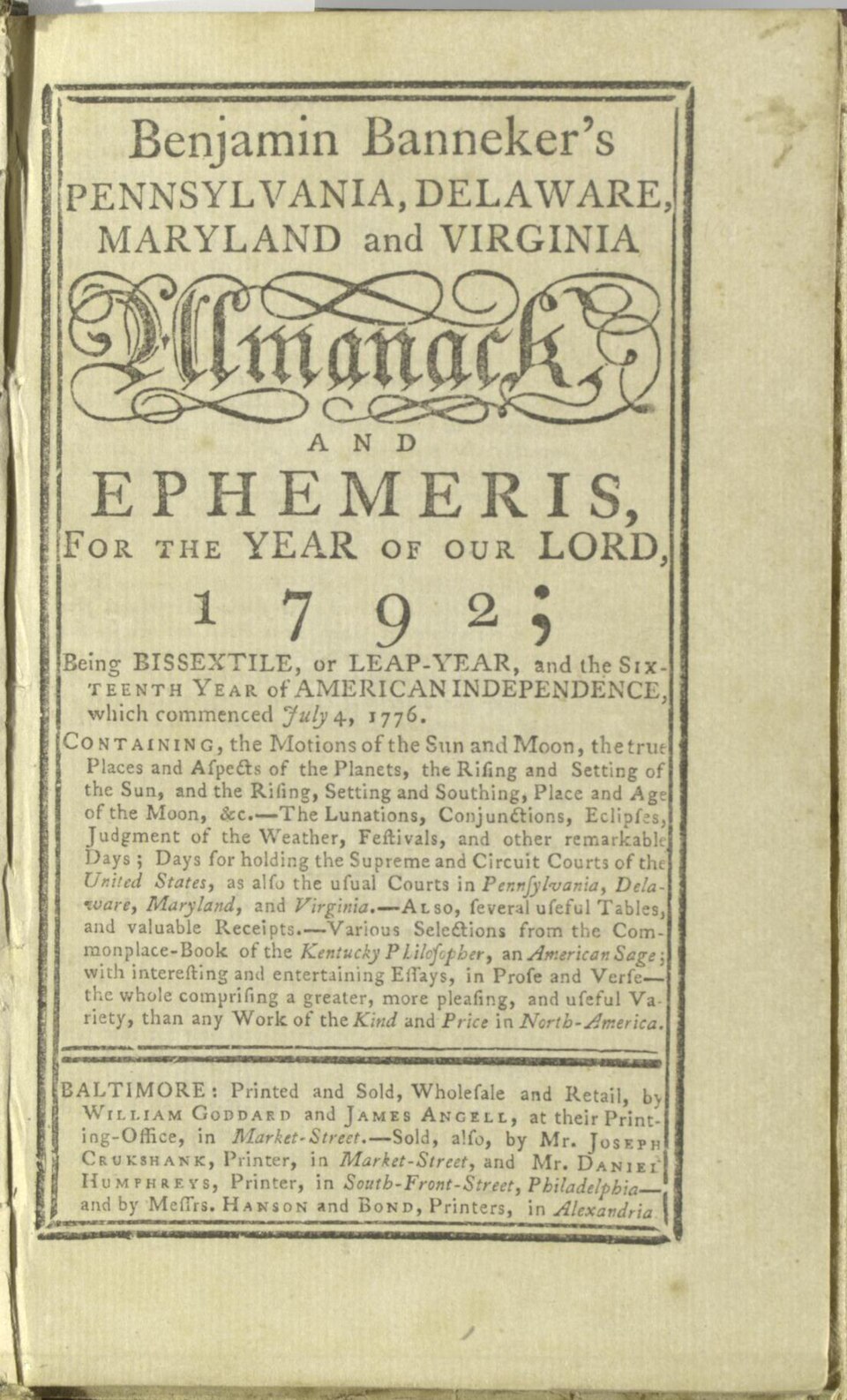 Title page of Benjamin Banneker&rsquo;s Pennsylvania, Delaware, Maryland and Virginia Almanack and Ephemeris for the year 1792, printed in Baltimore by William Goddard and James Angell.
