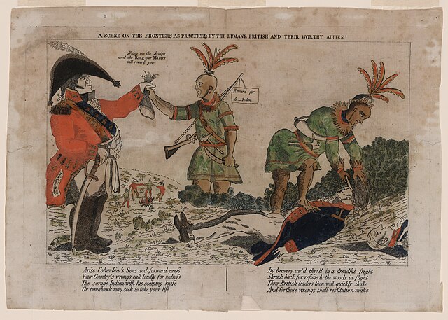 This 1812 political cartoon from Philadelphia shows American outrage at British alliances with Native Americans during the war.