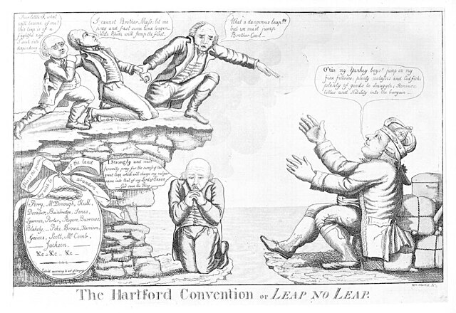 This cartoon mocks New England Federalists at the Hartford Convention, showing them leaping toward the British king. Their opposition to the war destroyed the Federalist Party.