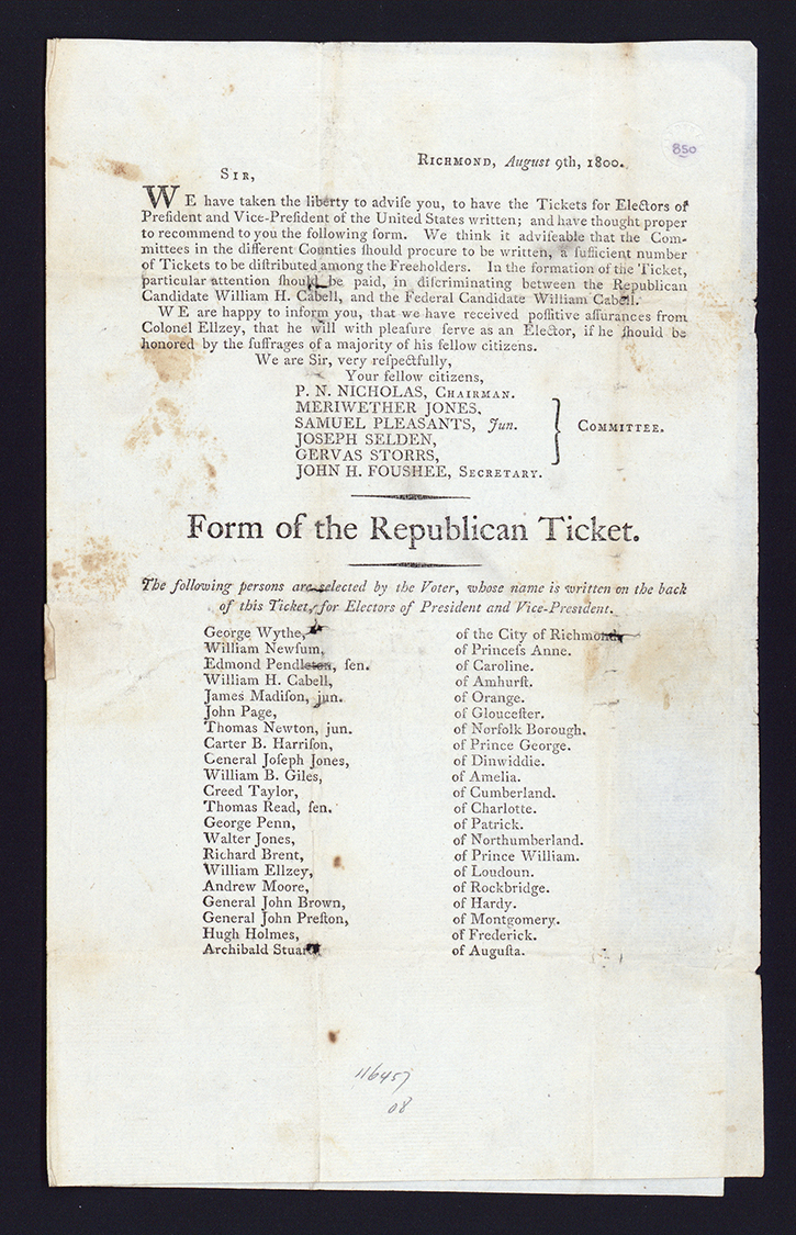 Republican ticket for presidential electors, Richmond, August 1800, pledging support for Jefferson and Burr.