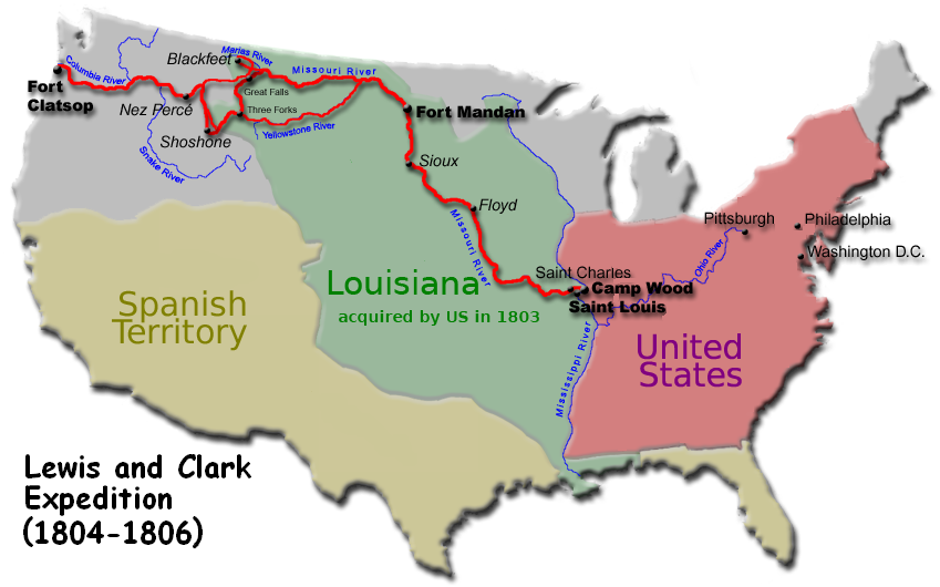 A modern map of the United States in 1804 showing the Lewis and Clark route as a red line from Camp Wood near St. Louis, up the Missouri River past Fort Mandan, through Three Forks and the Rockies, down the Columbia to Fort Clatsop on the Pacific. The Louisiana Purchase is shaded green between Spanish Territory to the south-west and the United States to the east, and the Blackfeet, Nez Perc&eacute;, Shoshone and Sioux are marked along the way.