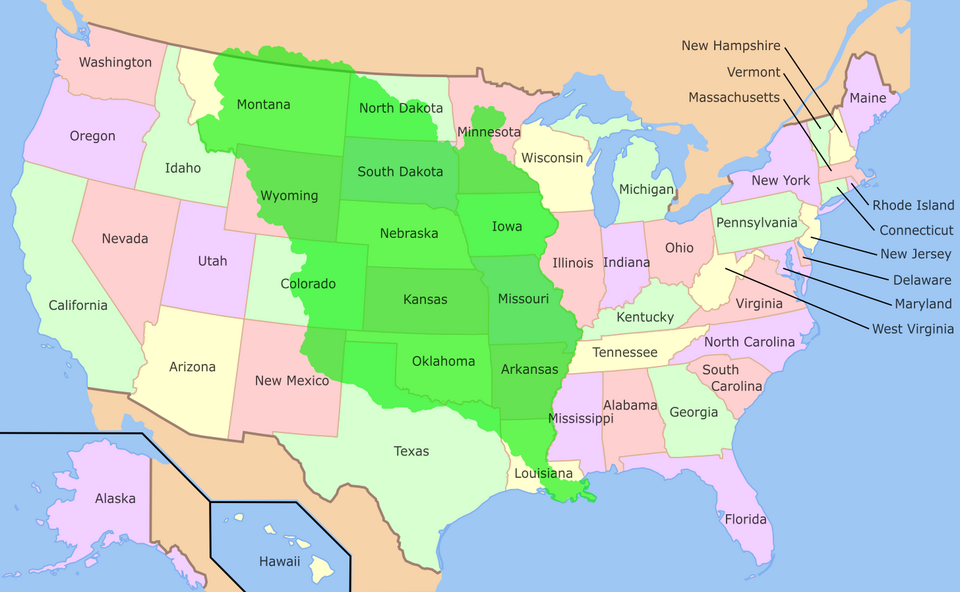 Map showing the Louisiana Purchase territory of 1803, doubling the size of the United States
