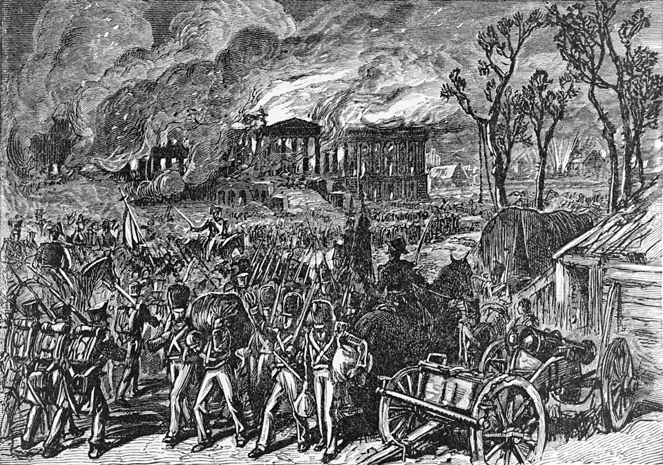 British troops set fire to Washington, D.C. in August 1814, burning the White House and Capitol. It was a humiliating moment for the young nation.