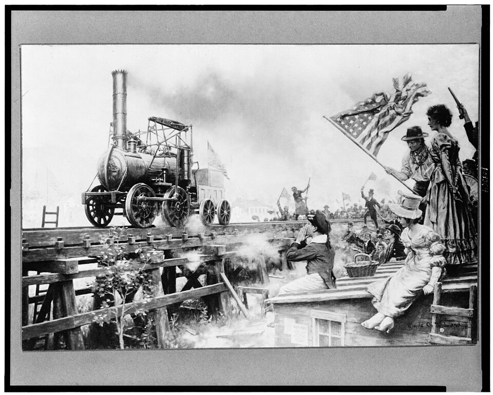 An illustration of an early American steam locomotive from the 1830s