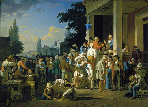 George Caleb Bingham's painting 'The County Election' showing a raucous frontier voting scene with men gathered around a courthouse