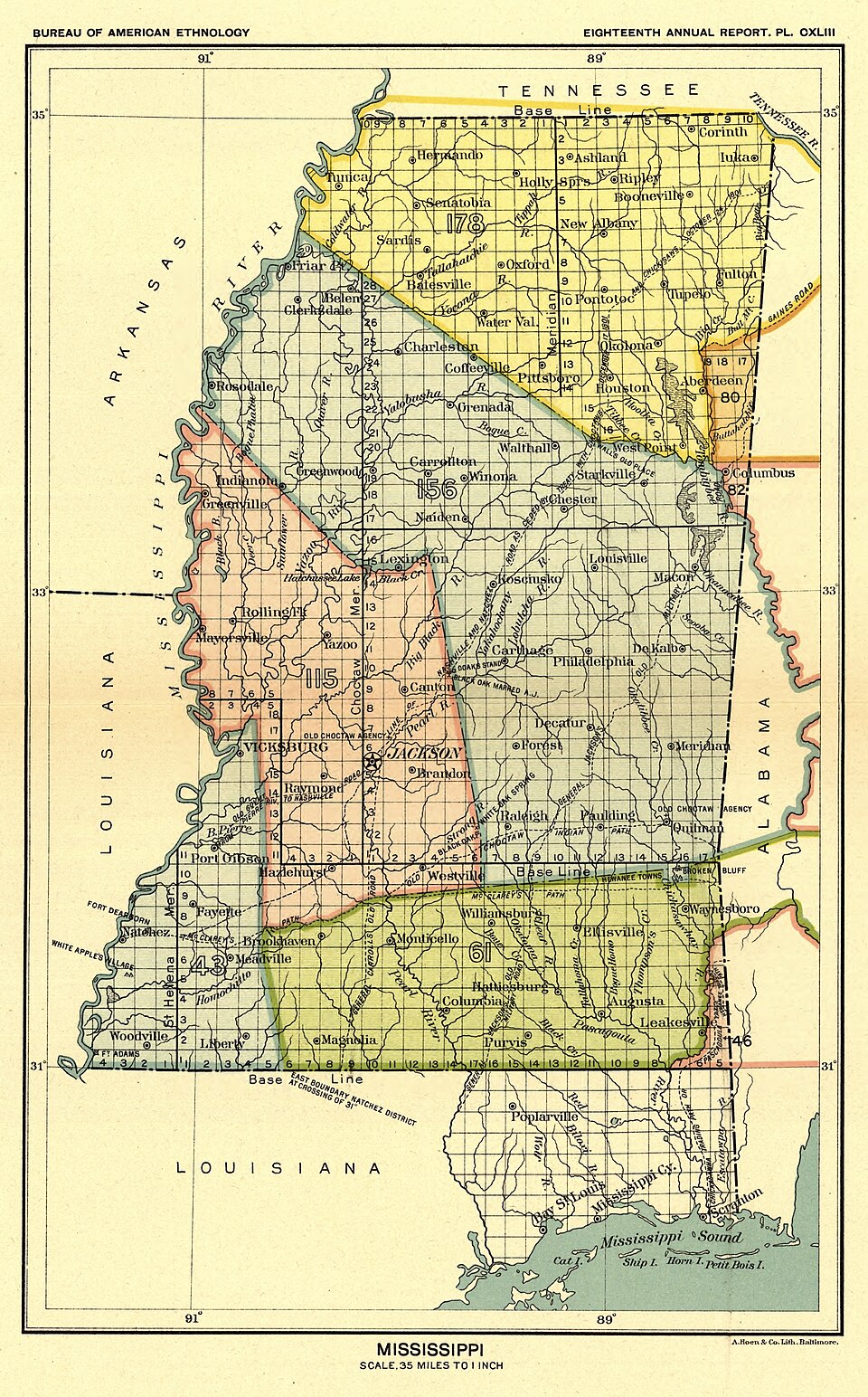 Map showing Native American land cessions to the United States from 1784 to 1894, color-coded by time period