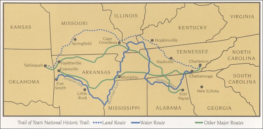 Map of the Trail of Tears National Historic Trail showing removal routes of the Five Tribes