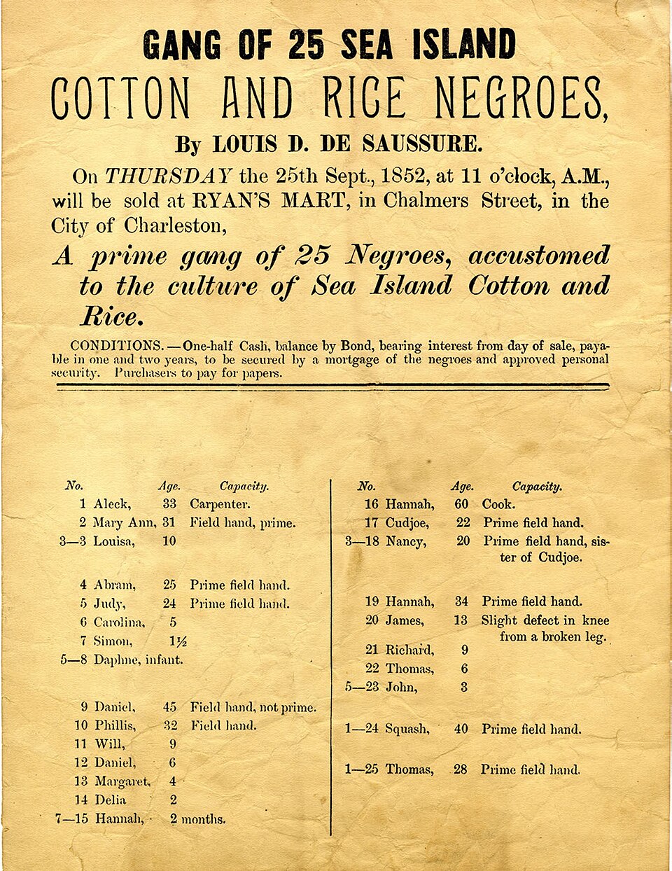 An 1852 printed broadside advertising the auction of 25 enslaved people at Ryan's Mart in Charleston, with a numbered list of names, ages, and work assignments, including young children and infants.