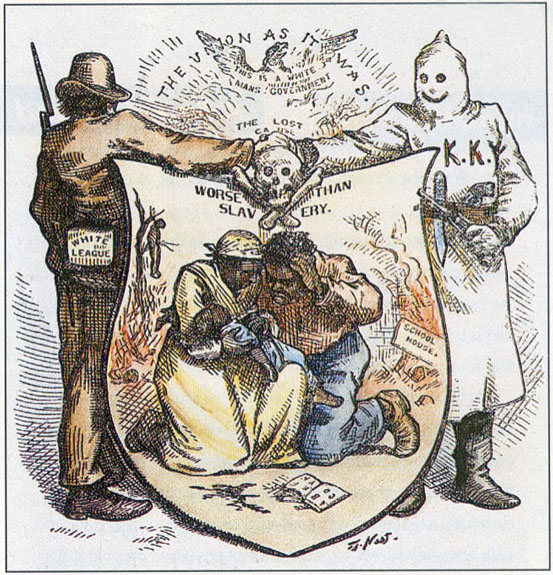 Thomas Nast's political cartoon 'Worse Than Slavery' (1874). A hooded Klansman and a White League member shake hands over a shield bearing a skull and crossbones. Below them, a Black family cowers. Background shows a hanging figure and a burning schoolhouse.
