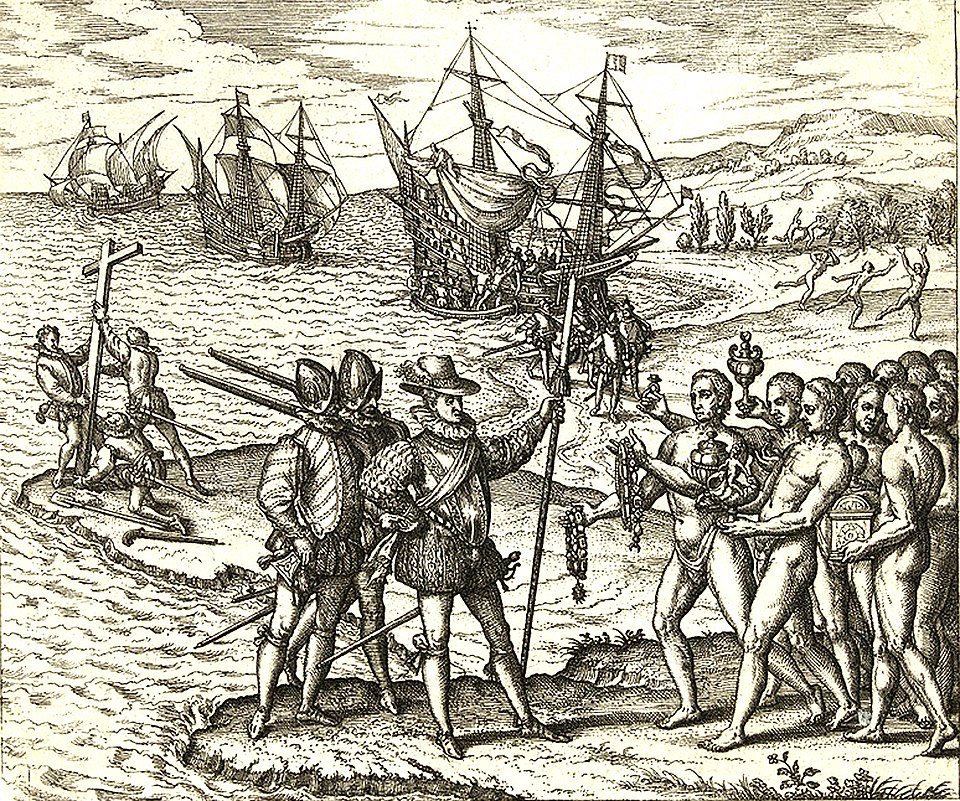 Theodor de Bry's 1594 engraving of Columbus landing on Hispaniola. Armored Spanish soldiers plant a cross on shore while Indigenous people offer gifts. Europeans shown as tall and powerful; Indigenous people as smaller and subservient.