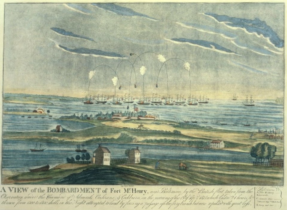 John Bower's print of the British fleet firing rockets and bombs at Fort McHenry at night. Bright explosions illuminate the sky above the star-shaped fort. The American flag flies over the fortification.