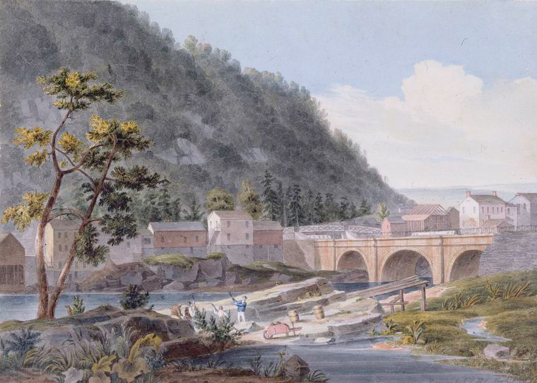1831 watercolor of the Erie Canal crossing a stone aqueduct, with mills and houses clustered along the banks, workers and barrels in the foreground, and a wooded hillside behind the town.