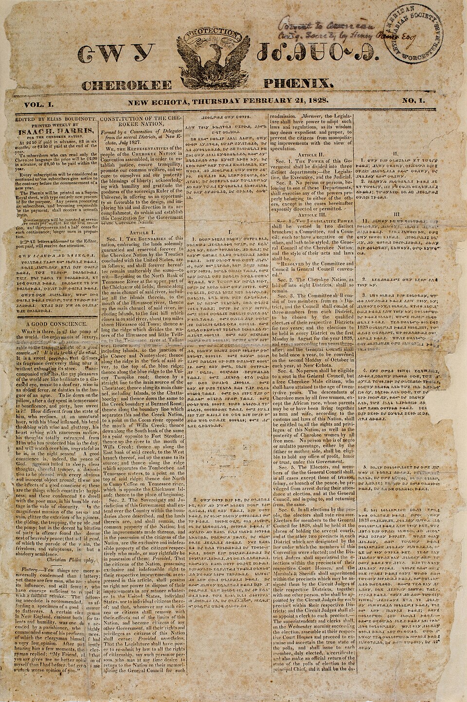 Masthead of the Cherokee Phoenix newspaper displaying the title in both English and Cherokee syllabary, with columns of text in both languages. February 21, 1828, Vol. 1, No. 1.